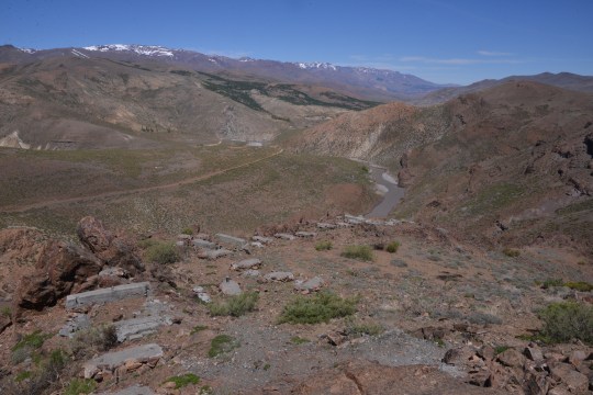 Concrete base are all that remains from the wooden structure over the Rio Neuquén Valley that we saw in 2010 at Mirador La Puntilla