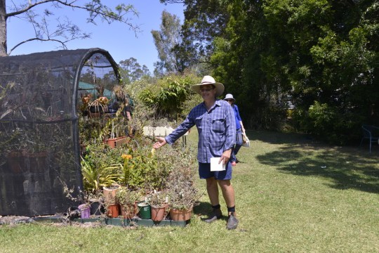 Paul Forster showing us his plants growing in green houses spread over his property.